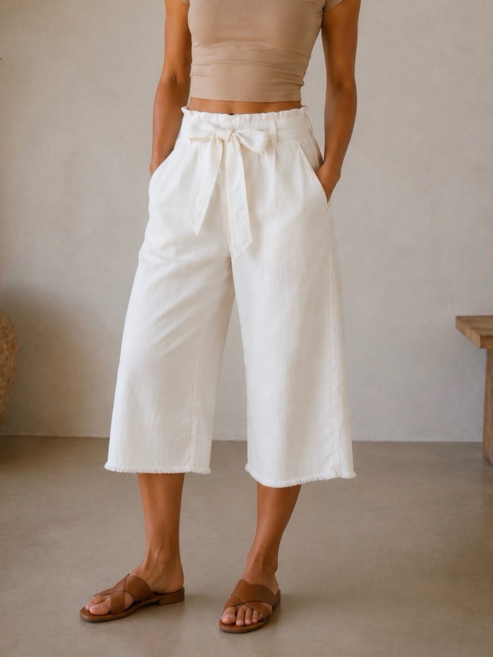 Cloth & Stone Tencel Cropped Wide Leg Culottes  Pants White XS